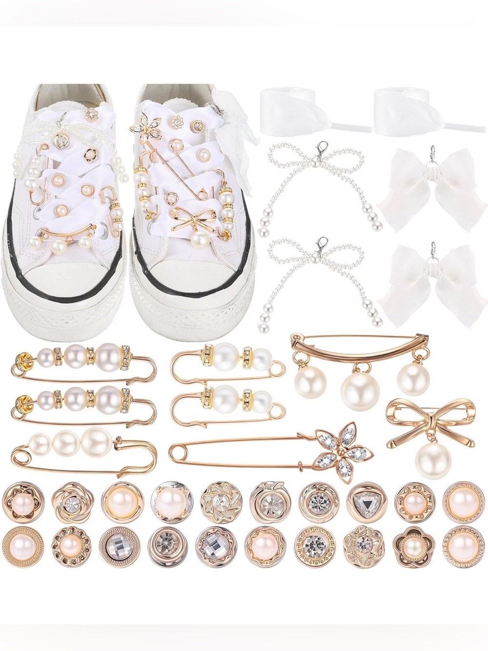 Girls' Pearl & Gold Shoe Charm Set - White Accessories